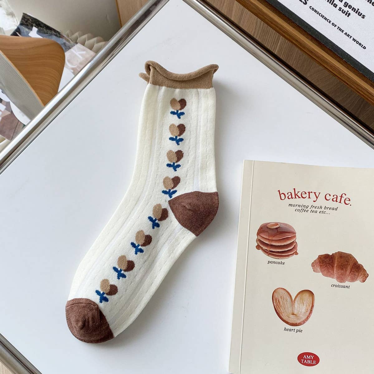 ACCITY - Wholesale Socks - Women's - White coffee color Floral Print Crew Socks_CWMS02983