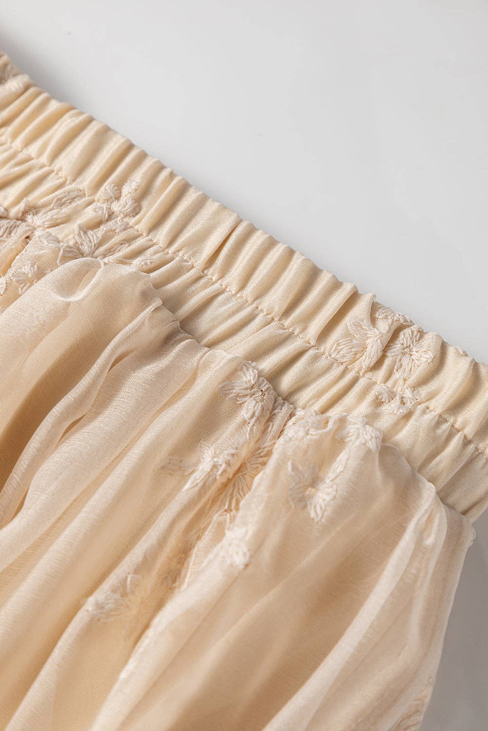 Oatmeal Embroidered Mesh Overlay Flowy Long Skirt for wholesale on Faire10