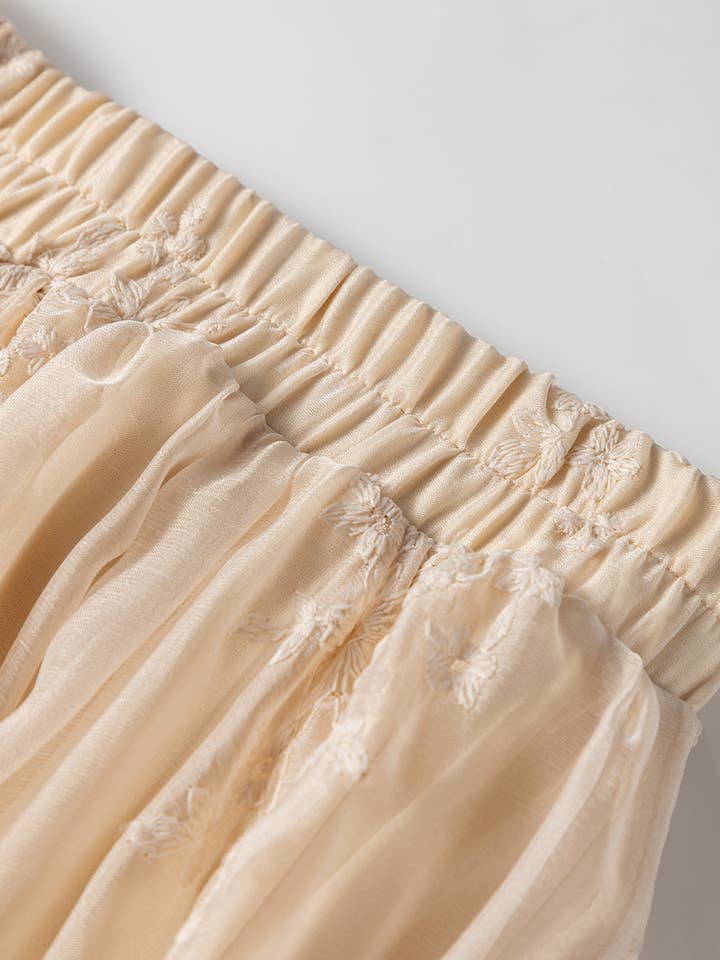 Oatmeal Embroidered Mesh Overlay Flowy Long Skirt for wholesale on Faire10