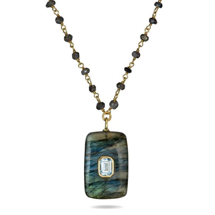 Collier Pendentif en Labradorite et Topaze Bleue pour la vente par Rachel Reinhardt