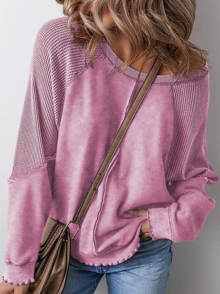 Camisola rosa de patchwork com manga raglan com costura exposta por atacado de EG fashion