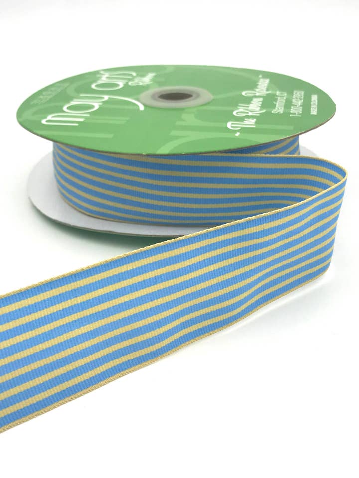 1.5" Classic Light Blue & Oatmeal Striped Grosgrain Ribbon for wholesale by May Arts Ribbon