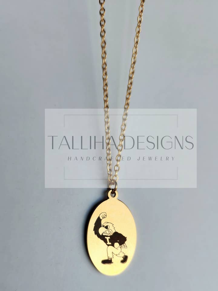 University of Iowa Hawkeye Stainless Steel Engraved Necklace for wholesale by Talliha Designs