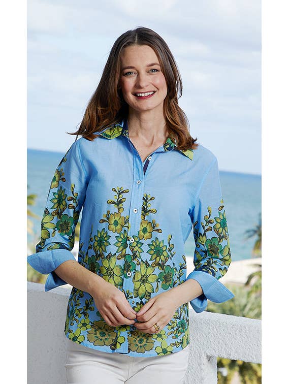Dizzy-Lizzie - Wholesale Button Down Shirt - Women's - 3/4 Sleeve Rome Shirt Light Blue And Leaves