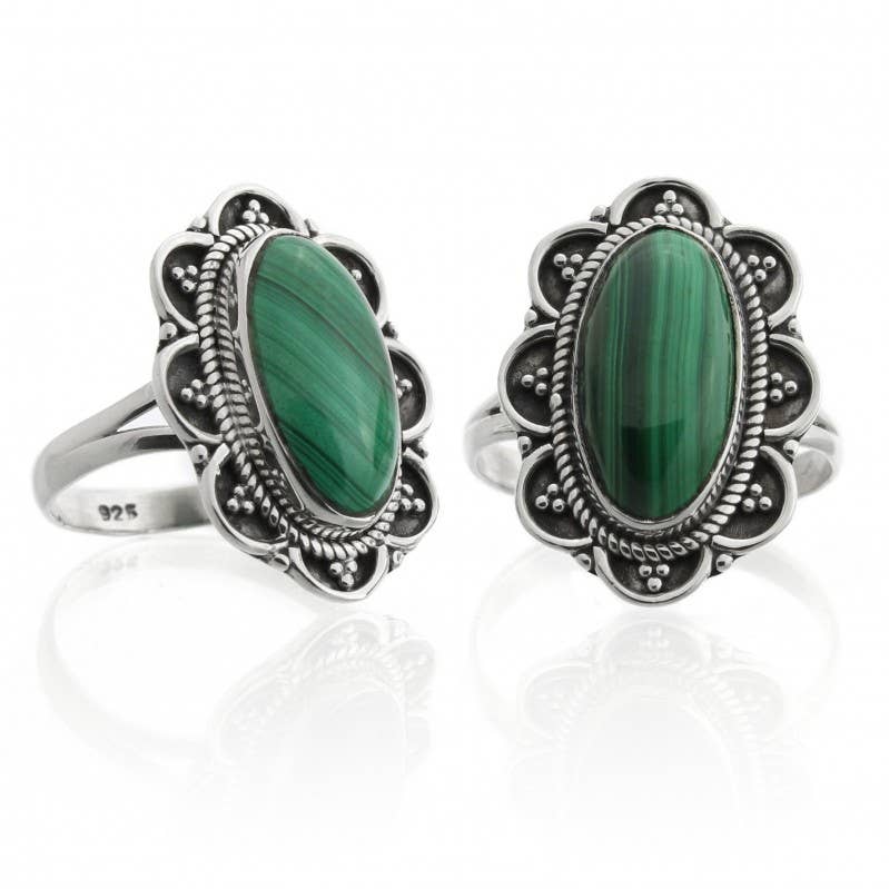 UniArt - Wholesale Cocktail/Statement Ring - Vintage Oval Malachite Ring With Sterling Silver0