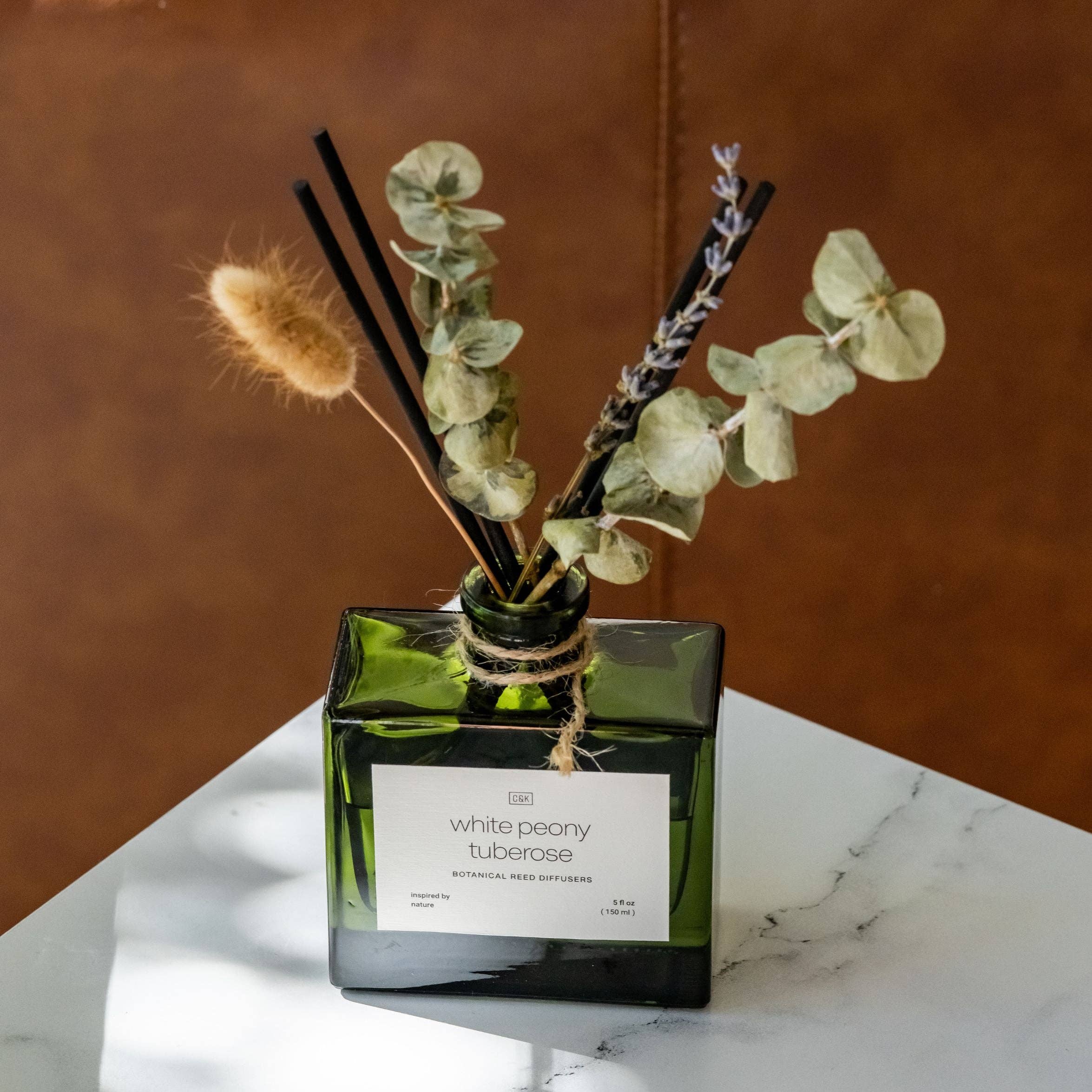 Craft & Kin - Wholesale Reed Diffuser - Green Glass Reed Diffuser with Flowers11