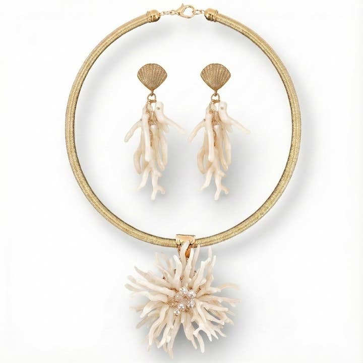 White Coral Branch Collar Necklace & Earrings Matching Set for wholesale by Bijoux Envie Statement Jewelry
