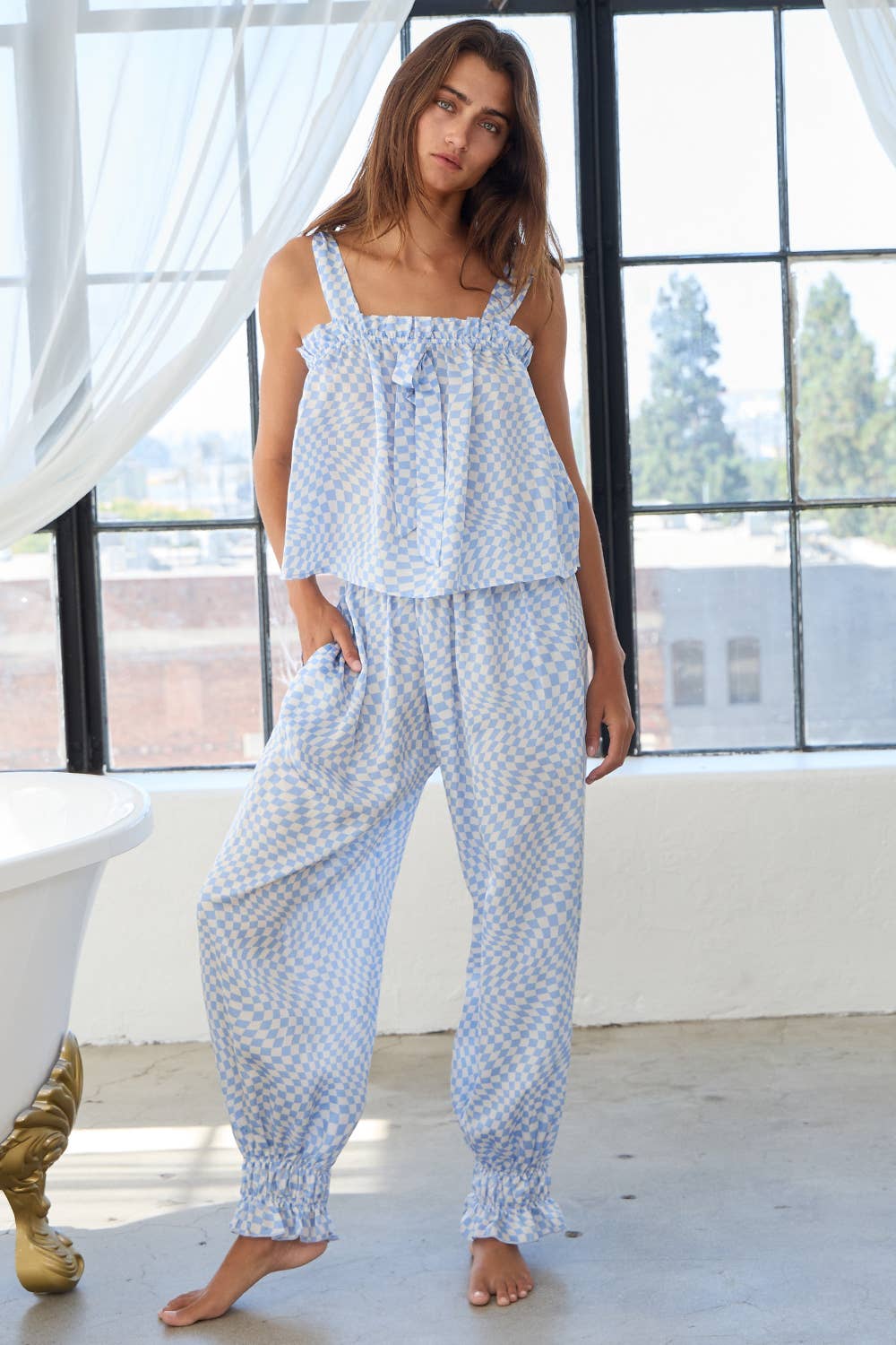 Blue T2427-SET Checker Geometric Ruffled Pajama Tank & Pants Sets for wholesale on Faire2