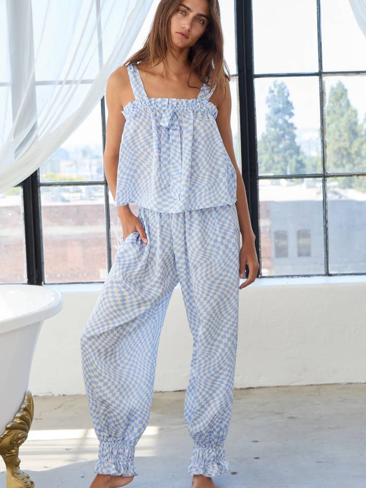 bleu Ensembles débardeur et pantalon de pyjama à volants géométriques à carreaux T2427-SET en vente sur Faire2