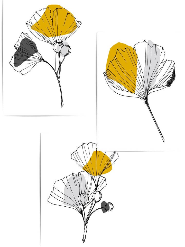 Sæt med 3 sennepsgule ginkgo bladkunsttryk for engroshandel hos THE WALL HABITAT
