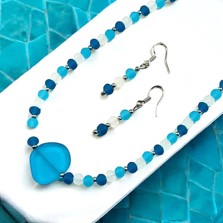 Frosted Crystal Necklace Set in Teal & Aqua with Sea Glass for wholesale by Devi Creations