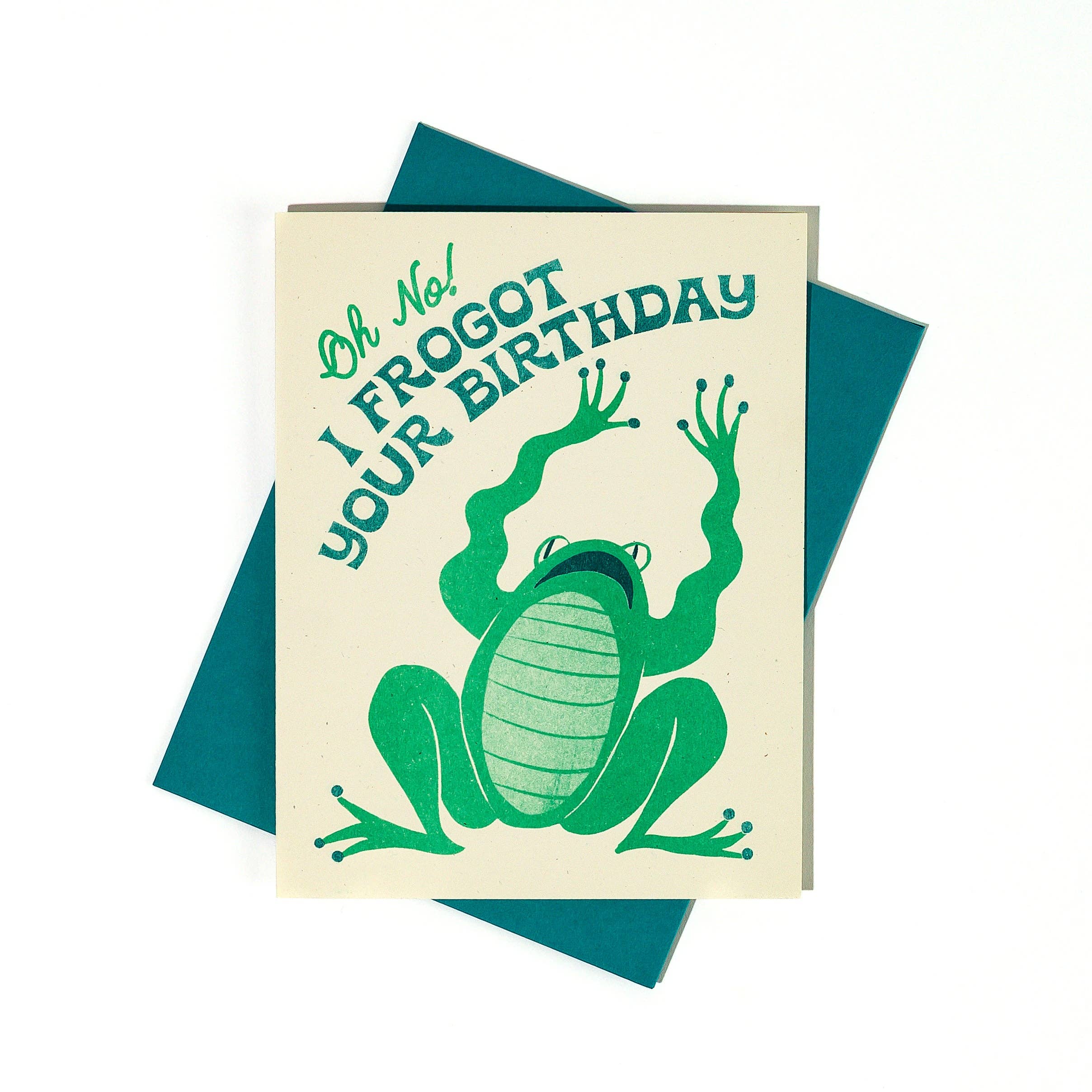 Bromstad Printing Co. - Vente Cartes d'anniversaire - Carte d'anniversaire en retard « Frogot Your Birthday » imprimée en risographie1