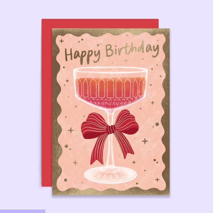Cocktail With a Bow Birthday Card | Stylish Birthday Card for wholesale by Tikkled Pink