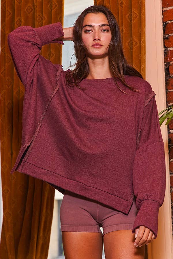 BUCKETLIST INC - Vente Sweat-shirt – femme - Haut en éponge uni à ourlet haut et bas T2369 Raw Edge Detail15