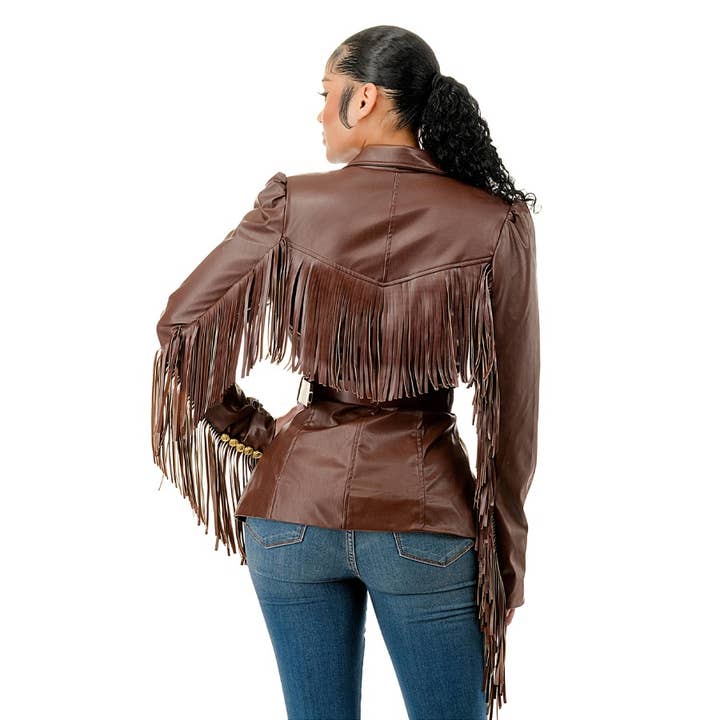 DORCAS - Wholesale Leather Jacket - Women's - PLUS FRINGE DETAIL LONG SLEEVE JACKET WITH BELT