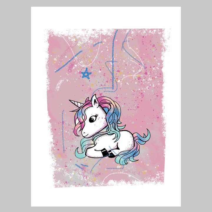 Lilla Rainbow Unicorn Konsttryck för wholesale av Art of Pringo