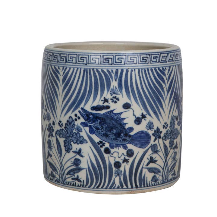 Legend Accents - Wholesale Plant Pot - Blue And White Fish Lotus Greek Key Cachepot