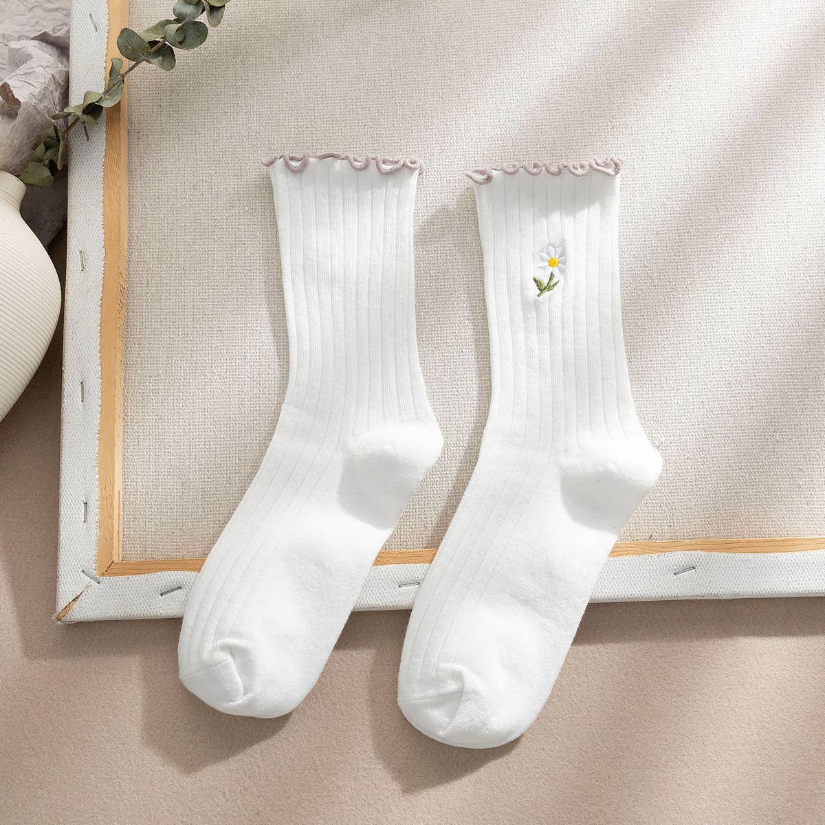 ACCITY - Wholesale Socks - Women's - Flower Embroidery Crew Ruffle Socks Women_CWMS02939