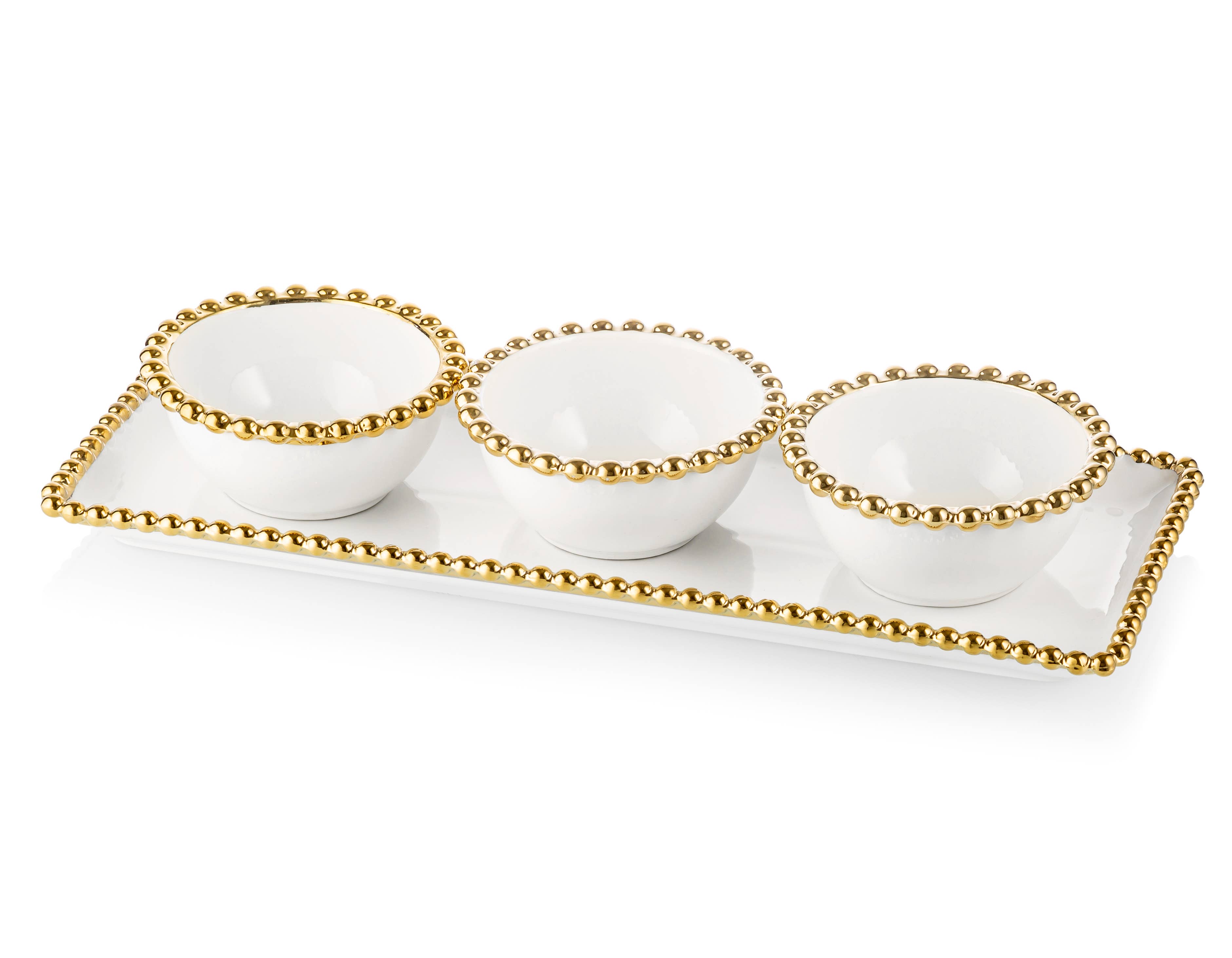CLASSIC TOUCH DECOR INC. – wholesale Decorative plate/dish/bowl – White Porcelain 3 Bowl Relish Dish with Gold Beaded Design1