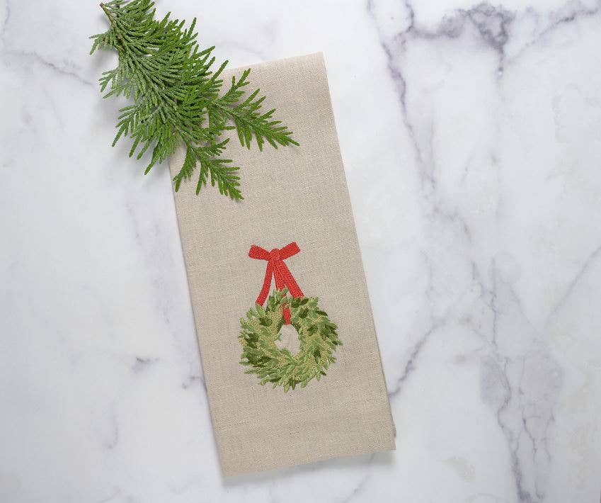 Arte Italica & Crown Linen Designs - Wholesale Tea Towel - Boxwood Wreath Linen Towel0