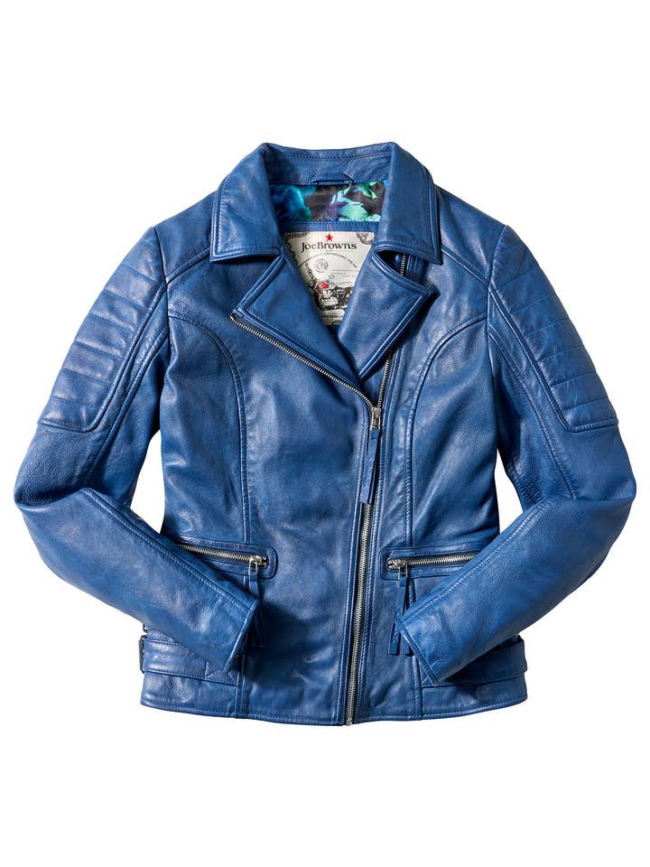 Azul Casaco de Cabedal Azul Rubi com Gola de Motociclista para venda a revendedores na Faire1