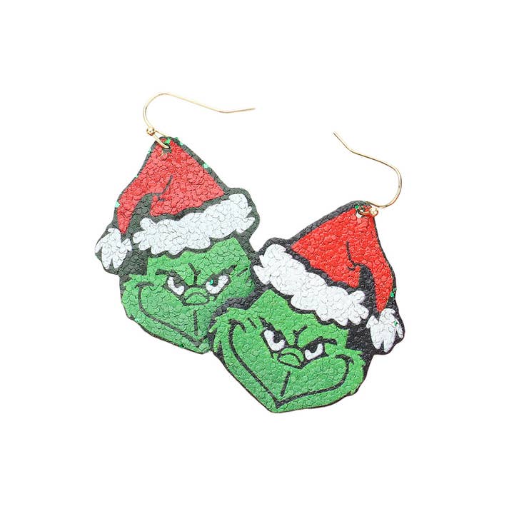 Wona Trading, Inc. - Wholesale Dangle Earrings - Glittered Grinch Printed Dangle Earrings