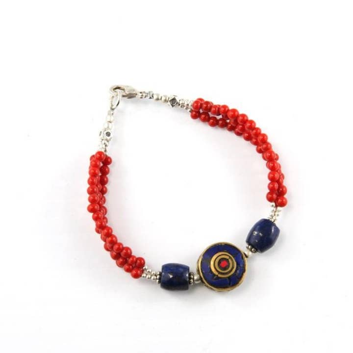 Didi Bahini - Wholesale Beaded Bracelet - Coral with Round Flat Bead Tibetan Bracelet