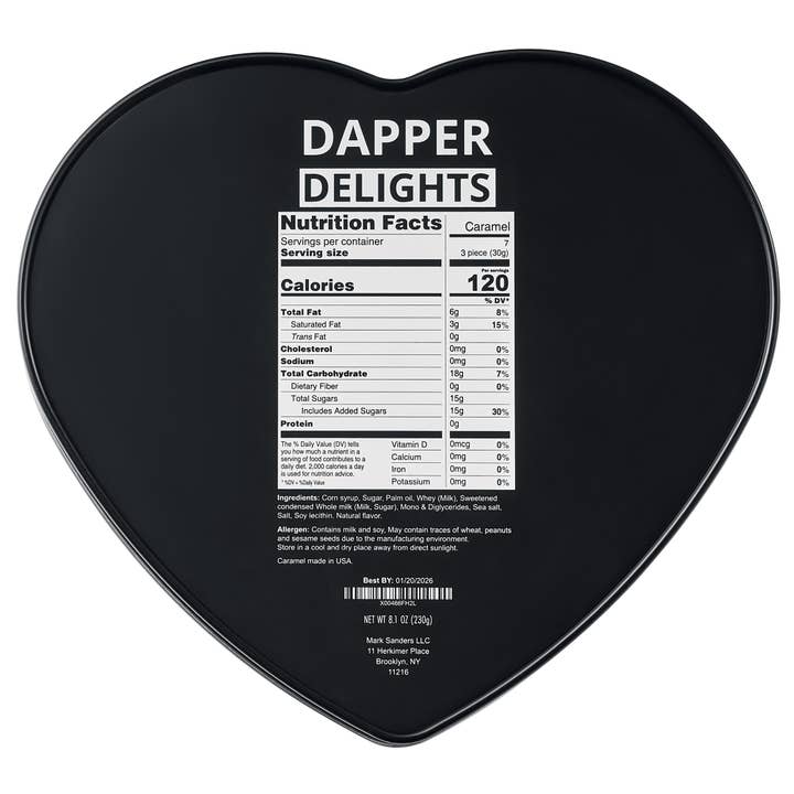 The Wine Savant / Khen Glassware - Wholesale Caramel - Scotch Whiskey Dapper Delights Salted Caramel Heart Tin3