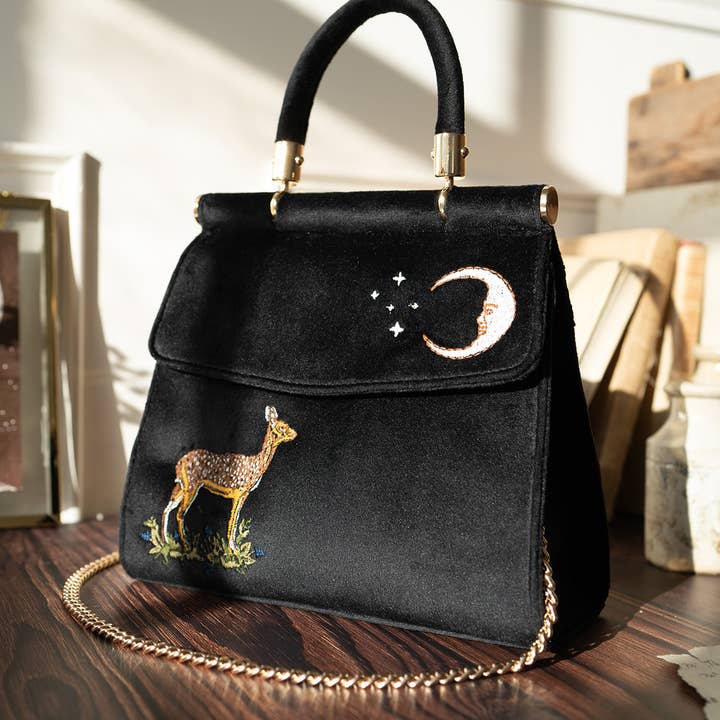 Fable England - Venta al por mayor Bolsa de asa- Mujer - Bolso de terciopelo negro bordado con ciervo y luna - Reino Unido, EE. UU. y UE1