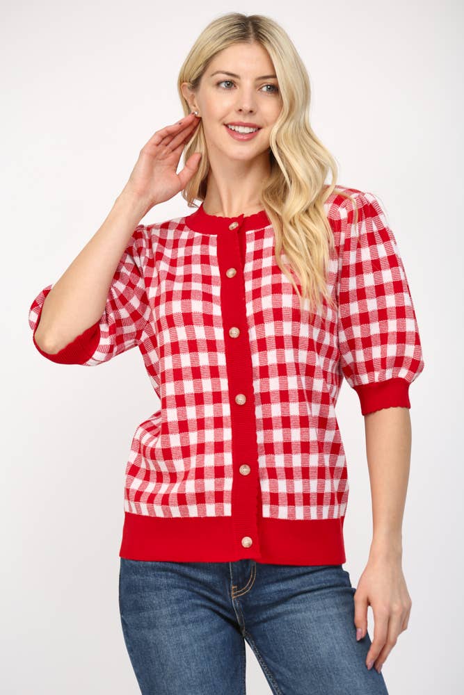 ROSSO/BIANCO CARDIGAN CORTO A FANTASIA GINGHAM CON BORDI A ONDA FW10334 in vendita all'ingrosso su Faire1
