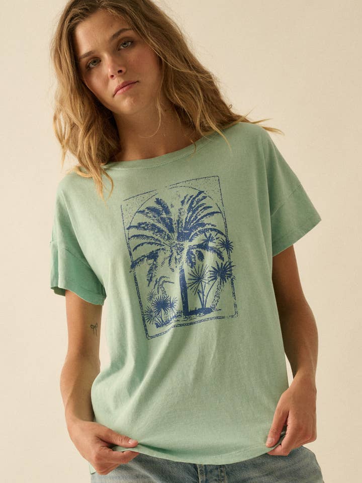 Palm Trees Vintage-Wash Drop-Shoulder Graphic Tee for wholesale by Promesa USA