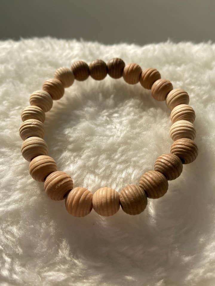 Wooden Bead Bracelet With Raised Detailing, Tan, White And Brown for wholesale by Good Vibes Beads Design