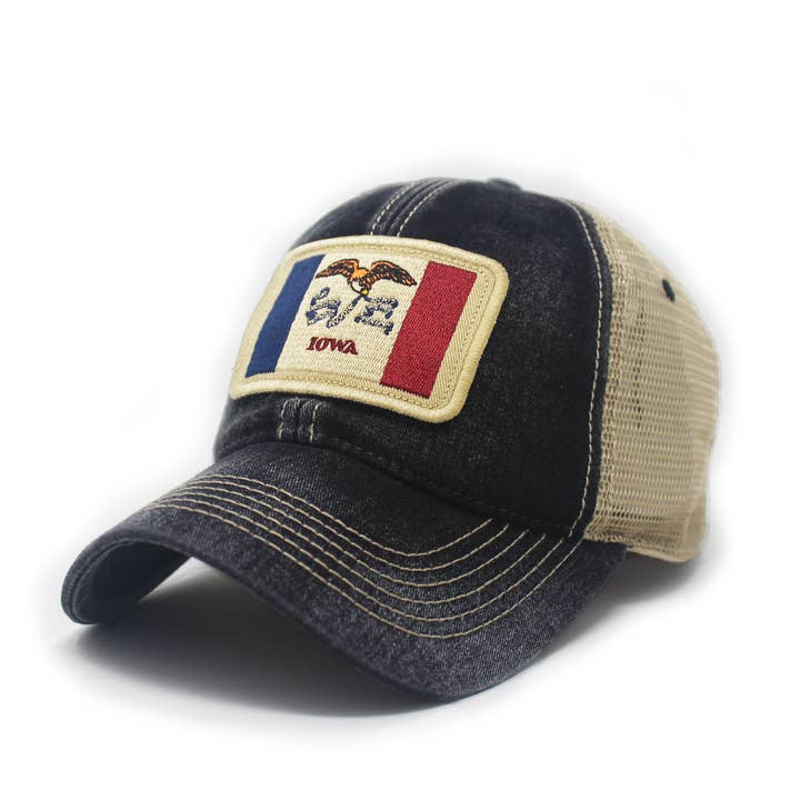 Iowa Flag Patch Trucker Hat, Black for wholesale by S.L. Revival Co.