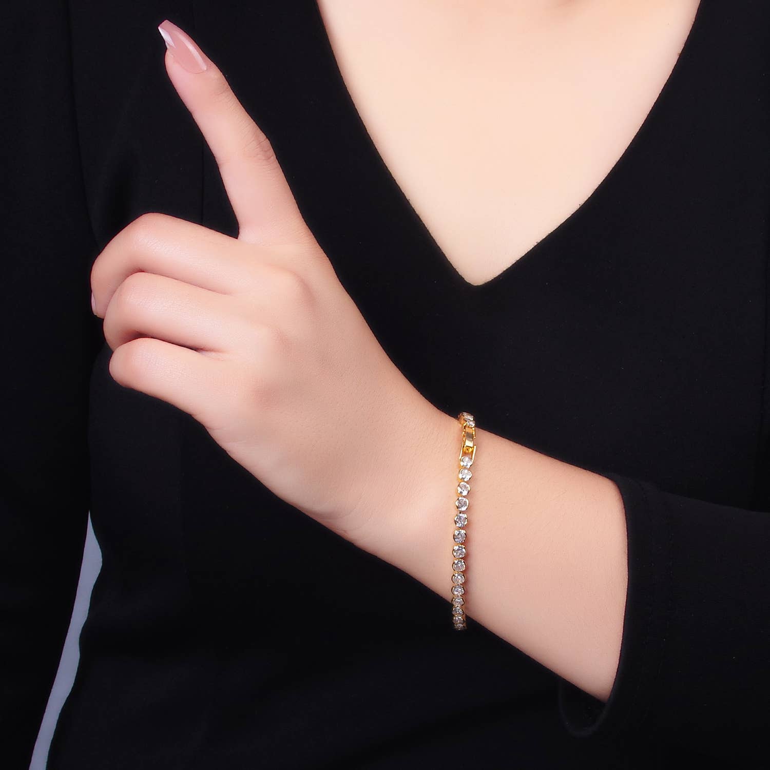 Aim Eternal - Vendita all'ingrosso Bracciali tennis - Bracciale Tennis con Castone Rotondo Placcato in Oro 24K da 7 Pollici | WA-29801