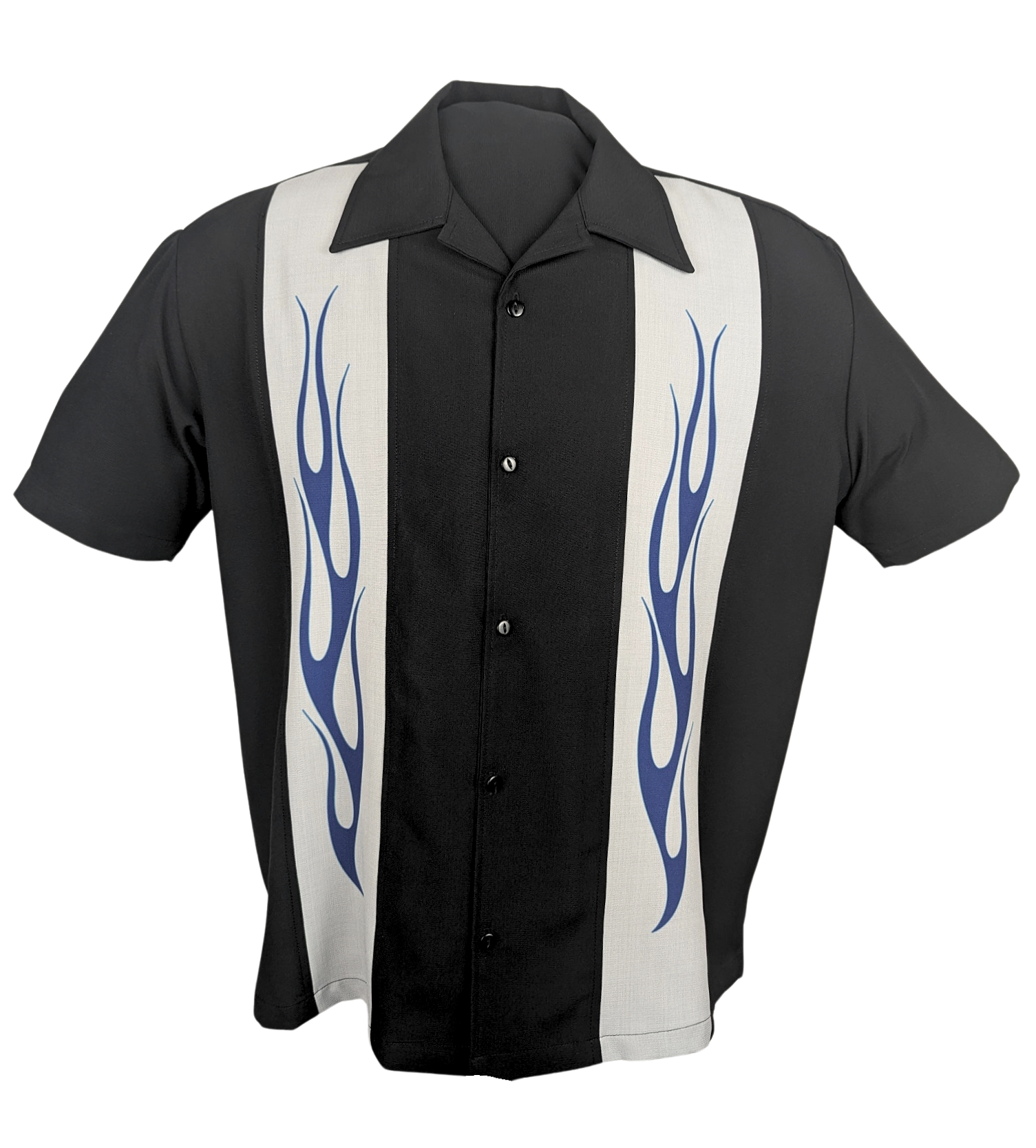 Steady Clothing - Vente Chemise à col boutonné – homme - Chemise de bowling Flame N Hot en noir avec argent/bleu0
