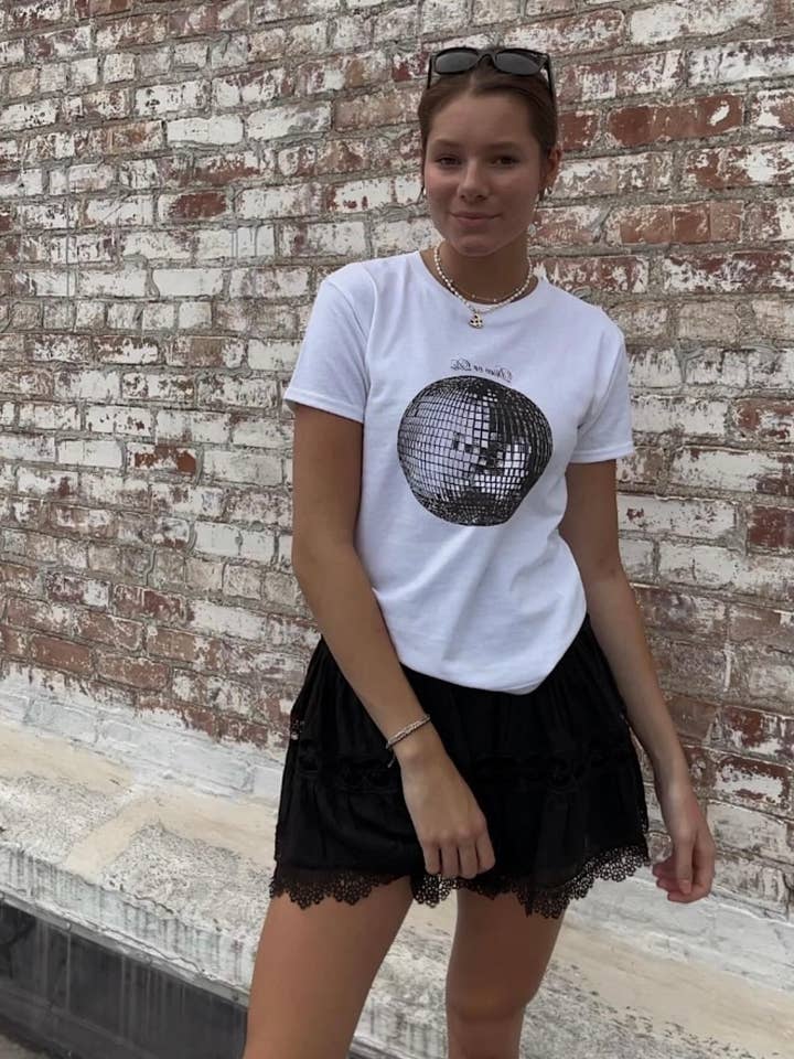 White Disco or Die Baby Tee for wholesale on Faire3