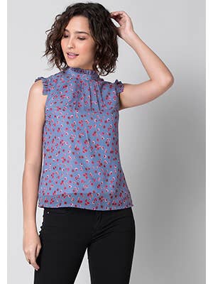 Faballey – Großhandel Bluse – Damen – Rosa blaue hochgeschlossene Bluse mit Rüschen