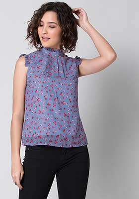 Faballey – Engroshandel Bluse - Dame – Lyserød Blå Ruffled Høj Halsbluse