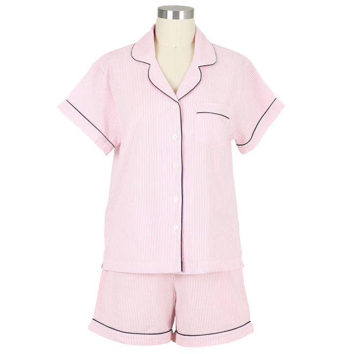 Needham Lane - Wholesale Sleepwear Set - Women's - Pink Seersucker-Navy Short Sleeve Shorty Pajamas