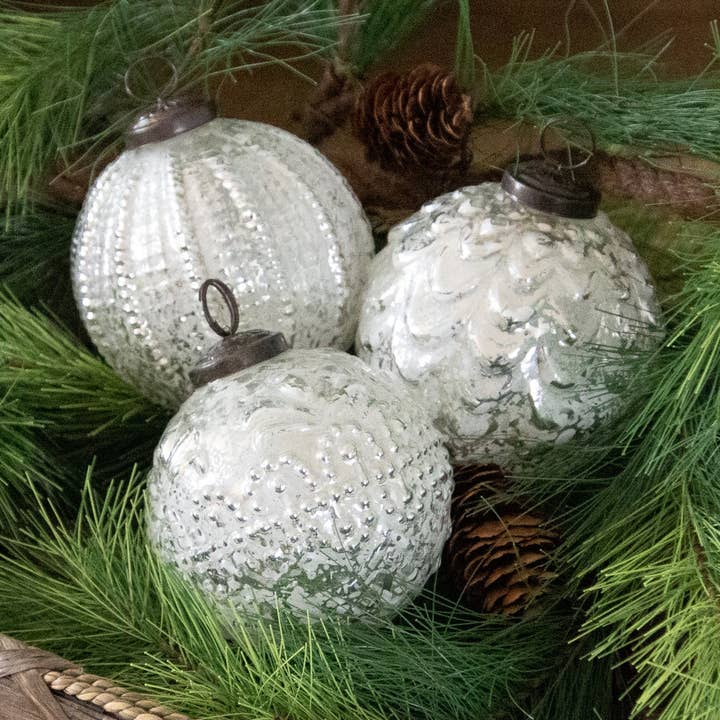 White Mercury Glass Ornaments (Pk/03 Ast) for wholesale by Audrey's Home & Gift