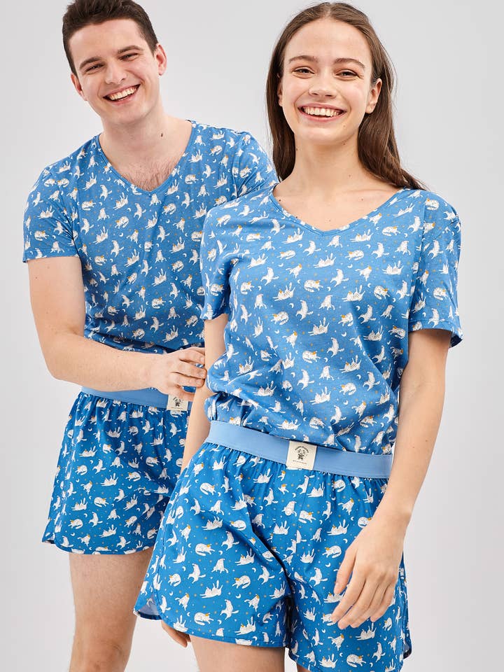 Schläfrige Katzen - Unisex-Pyjama-Set aus Bio-Baumwolle Kurz für den Großhandel von Happy Pijama