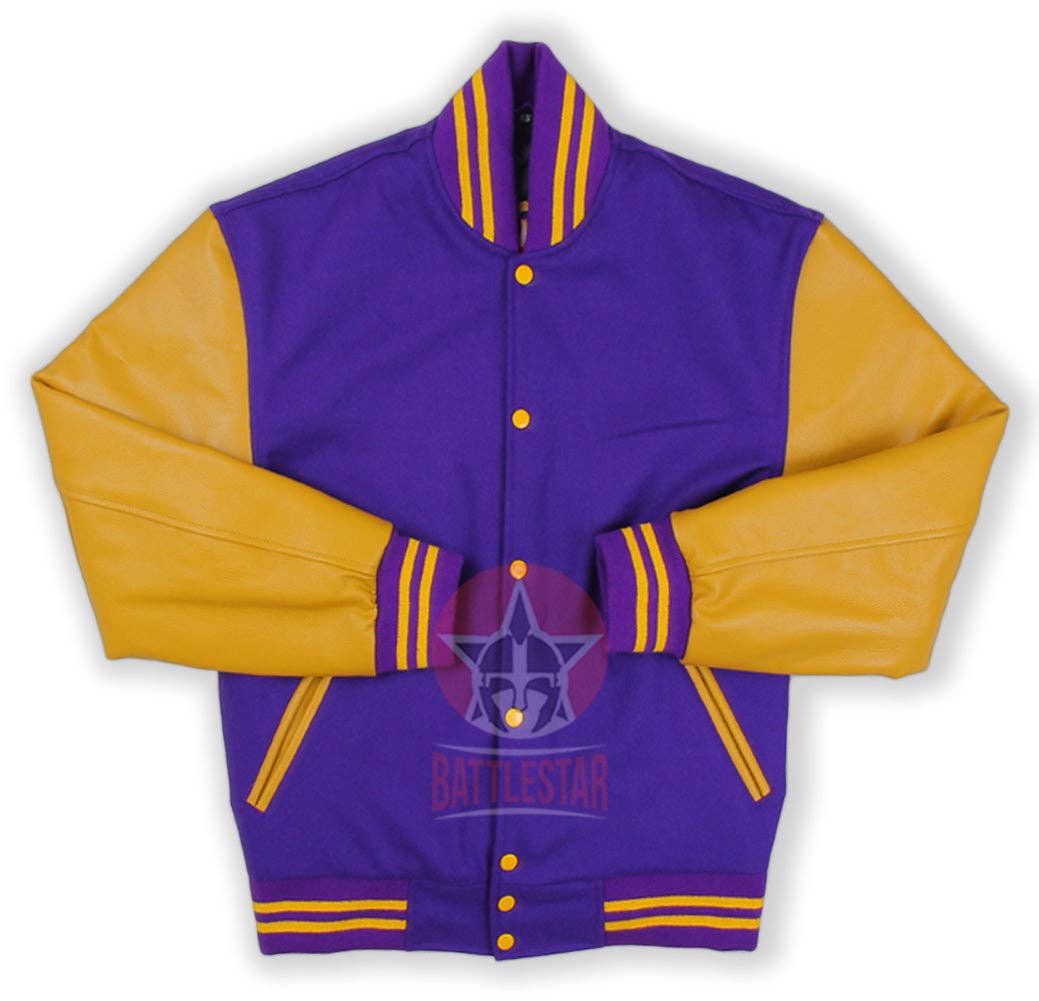 Eastworth Industries - Wholesale Varsity/Baseball Jacket - Men's - Purple Wool Varsity Jacket Gold Yellow Leather Sleeves