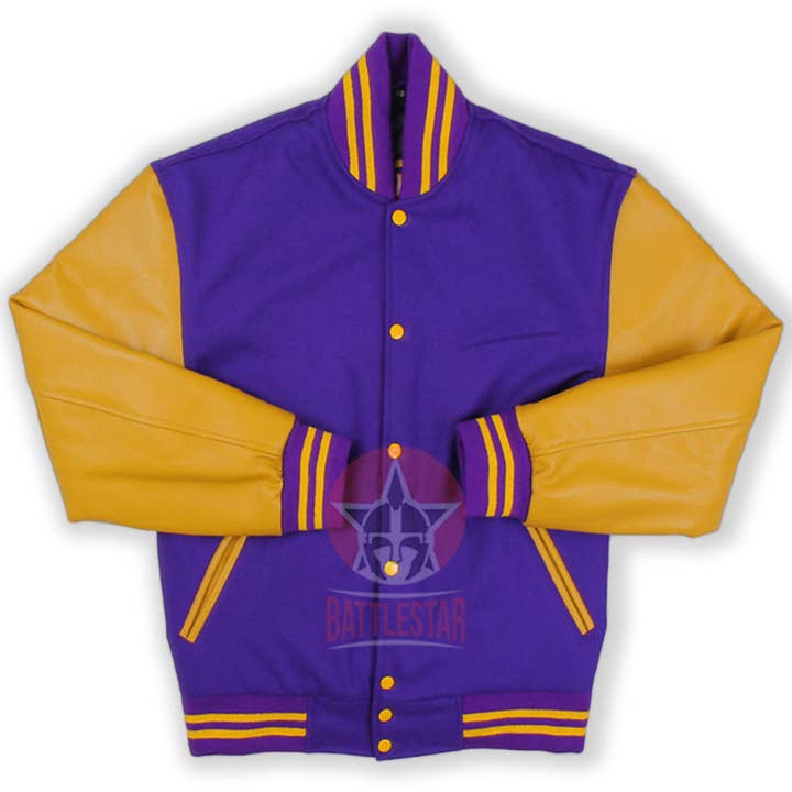 Purple Wool Varsity Jacket Gold Yellow Leather Sleeves for wholesale by Battlestar Clothing & Gear Co