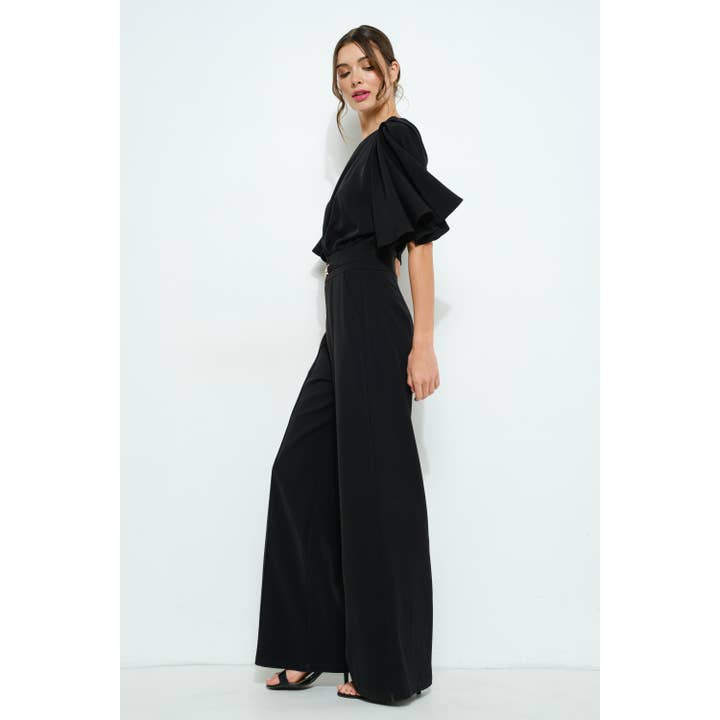 INA - Wholesale Romper - Women's - Flutter Kimino Sleeve Buckle Detail Wide Jumpsuit2