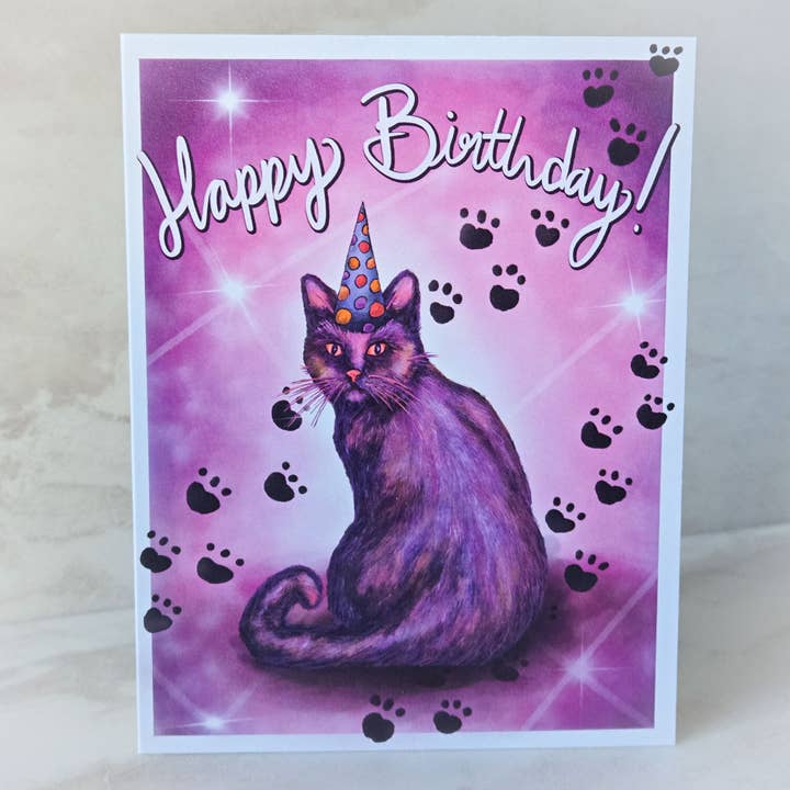 Happy Birthday Purple Cat Greeting Card for wholesale by Scribblebard Illustrations