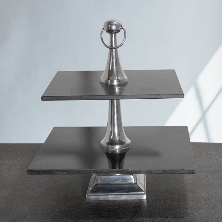 Etagere. 2 pisos. quadrado de alumínio. mármore. Schwarz por atacado de Antikas