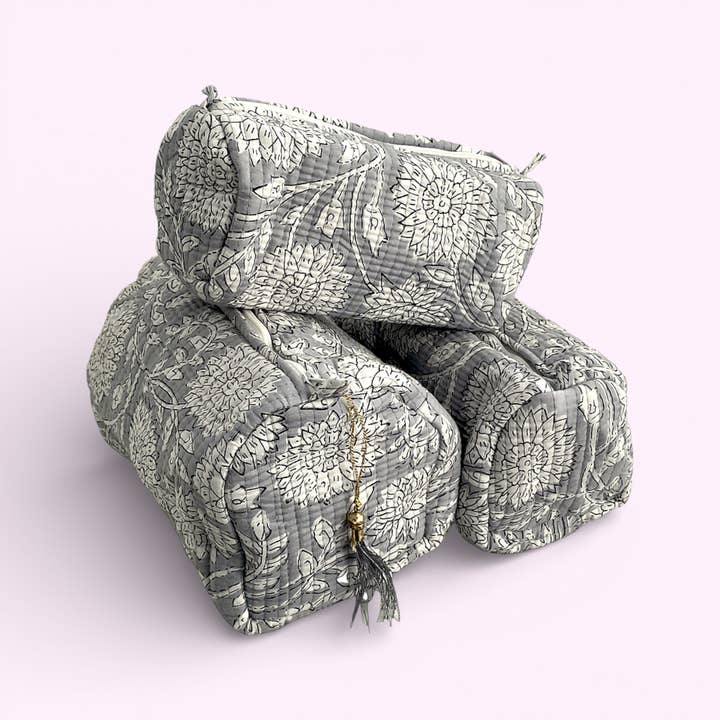 Grey Floral Block Print Cotton Washbag Set, waterproof line
for wholesale by Hayley & Co