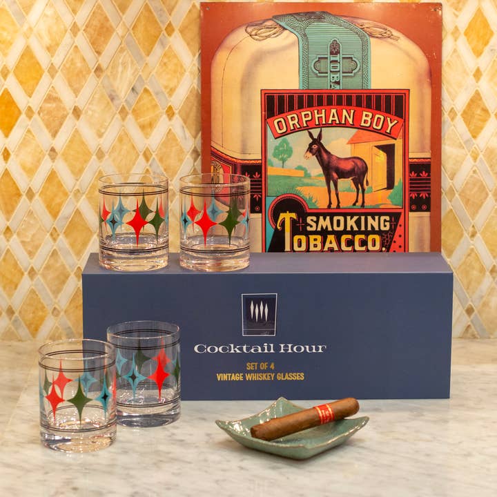 Cocktail Hour Set of 4 Diamond Vintage Whiskey Glasses for wholesale by Mod Lounge Paper Company