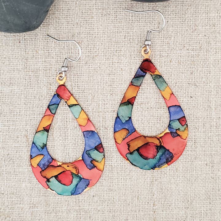 Alcohol Ink Copper Large Teardrop GoGo Earrings for wholesale by Covaly Artisan Jewelry