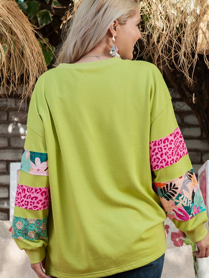 Lovesoft – wholesale Sweatshirt – Women's – Green Plus Size Printed Patchwork Sleeve Split Sweatshirt1